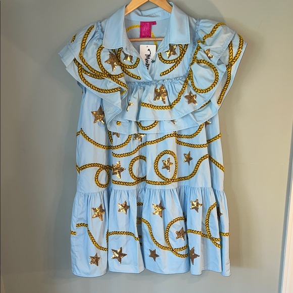 Monkee's Light Blue Queen of Sparkles Dress with Gold Embellishments Sz L - Picture 1 of 9
